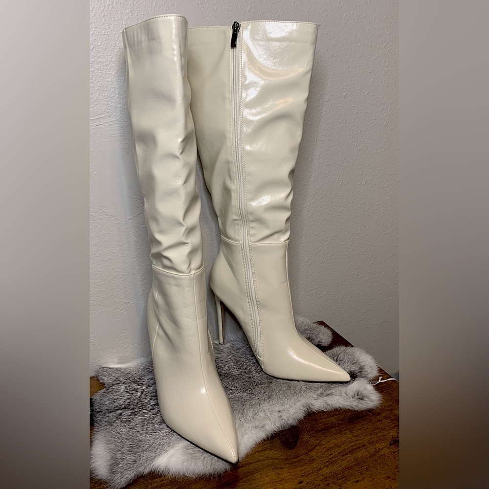 Ivory Mid Calf Pointed-Toe Stiletto Boots